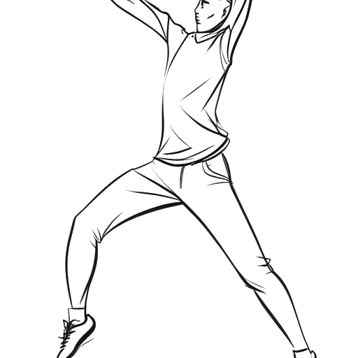Dibujo de arte lineal de un adulto joven, representando a Bailey Munoz, practicando movimientos de baile.