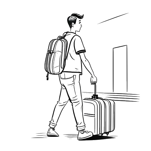 Dibujo de arte lineal de un adulto joven, representando a Bailey Munoz, saliendo de un campus universitario con una maleta.