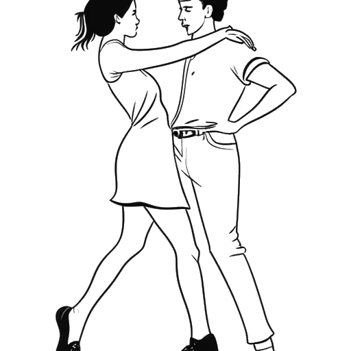 Desenho em arte linear de um jovem adulto, representando Bailey Munoz, dançando com um parceiro.
