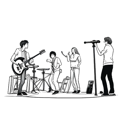 Line art drawing of a teenager, representing Bailey Munoz, performing on stage with famous musicians.