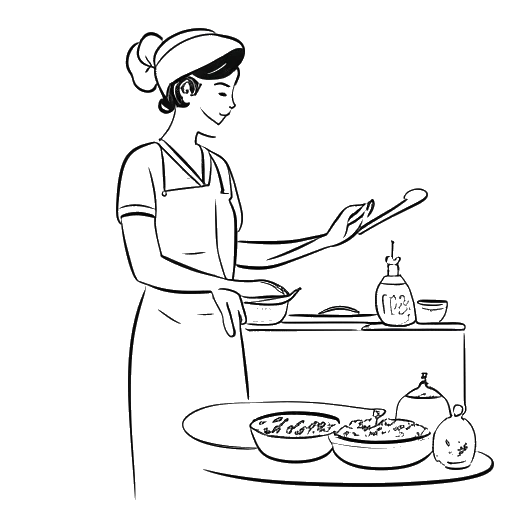 Dibujo de arte lineal de un adulto joven, representando a Bailey Munoz, cocinando, horneando y dando clases de baile.