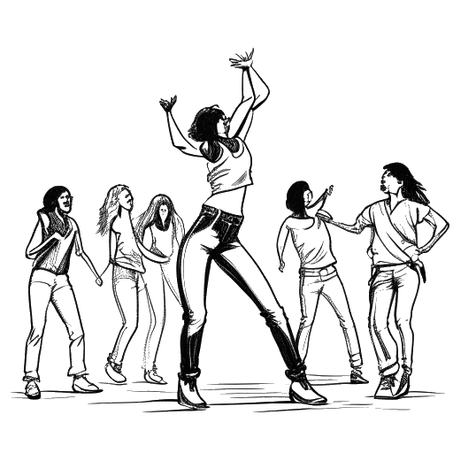 Desenho em arte linear de um jovem adulto, representando Bailey Munoz, se apresentando em um palco com um grupo de dançarinos.