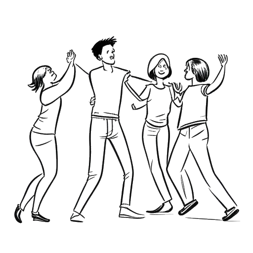 Dibujo de arte lineal de un adulto joven, representando a Bailey Munoz, bailando con miembros de la familia.
