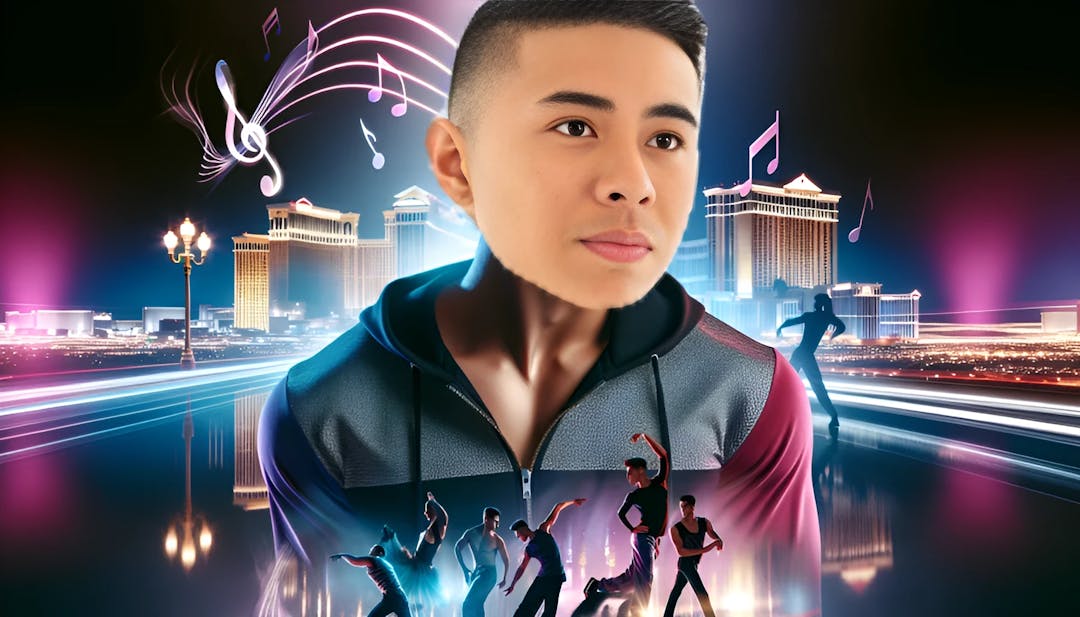Bailey Munoz, a young male dancer in a vibrant city setting, exuding passion and confidence in a dance-themed attire.