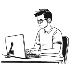 Dibujo de arte en línea de un hombre, representando a Kai Cenat, sentado frente a una pantalla de computadora con el logo de Twitch, sosteniendo un Premio Streamy, todo contra un fondo blanco.
