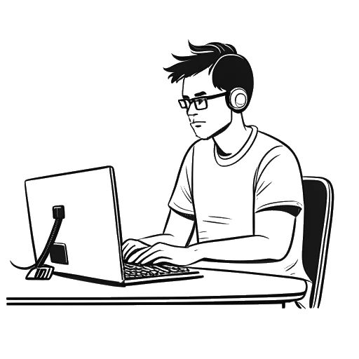 Disegno in stile line art di un uomo, che rappresenta Kai Cenat, seduto di fronte a uno schermo del computer con il logo di Twitch, tenendo in mano un premio Streamy, il tutto su uno sfondo bianco.
