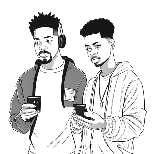 Dibujo de arte lineal de dos jóvenes, representando a Kai Cenat y 21 Savage, uno sosteniendo un micrófono y el otro sosteniendo un controlador de juego, con la portada de un álbum de 21 Savage en el fondo