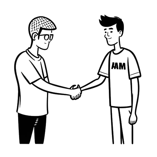 Dibujo de arte lineal de un joven, representando a Kai Cenat, estrechando la mano con otro hombre, con un logo de YouTube y el texto 'AMP' en el fondo