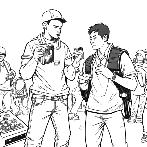 Dessin en noir et blanc de deux jeunes hommes, représentant Kai Cenat et Duke Dennis, menottés par un officier de police, avec une console PlayStation 5 et une foule chaotique en arrière-plan