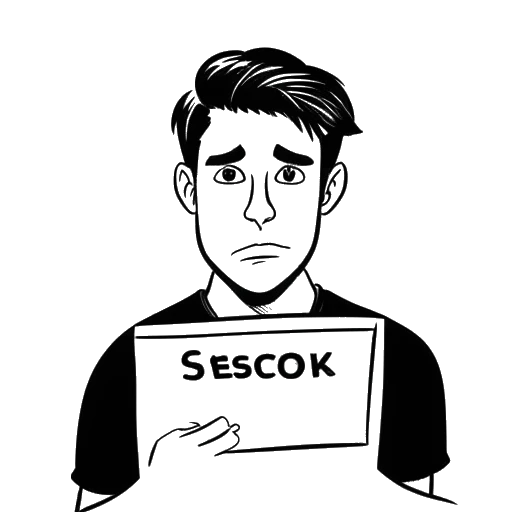 Dibujo de arte lineal de un joven, representando a Kai Cenat, con una expresión triste, sosteniendo un aviso de prohibición de Twitch, con el texto '$3,000,000' en el fondo