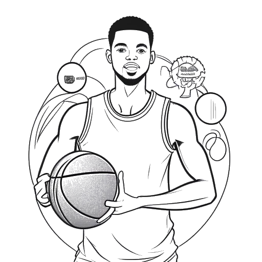 Dibujo de arte lineal de un joven, representando a Kai Cenat, sosteniendo un balón de baloncesto, con un aro y logos de redes sociales en el fondo