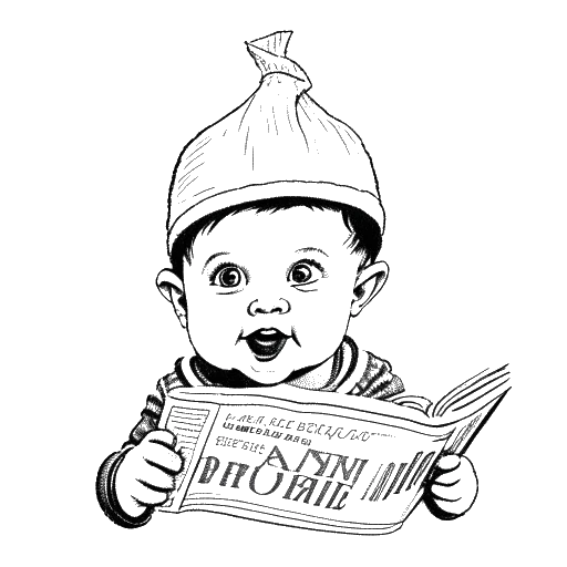 Dessin en noir et blanc d'un bébé garçon, représentant Kai Cenat, portant un chapeau d'anniversaire et tenant un journal de New York de 2001