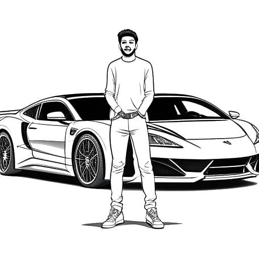 Dibujo de arte lineal de un joven, representando a Kai Cenat, de pie frente a tres autos de alta gama, incluyendo un Lamborghini, Rolls Royce y Mercedes-AMG GT53