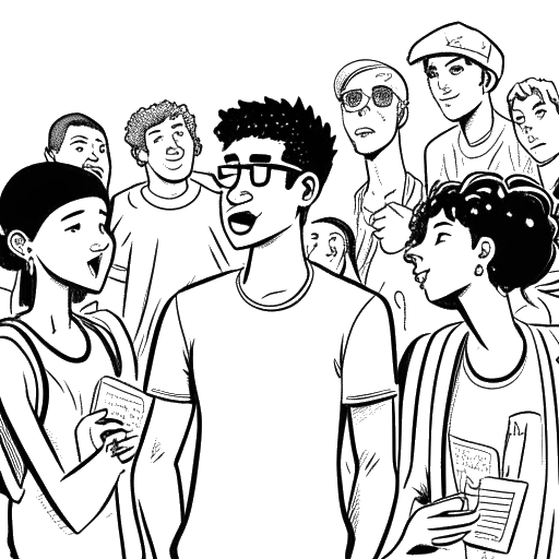 Dibujo de arte lineal de un joven, representando a Kai Cenat, rodeado de amigos, con globos de diálogo que contienen el texto 'Unspoken Rizz'