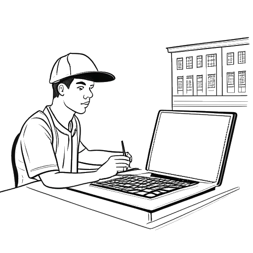 Dibujo de arte lineal de un joven, representando a Kai Cenat, sentado frente a una computadora y usando un birrete de graduación, con el Morrisville State College en el fondo