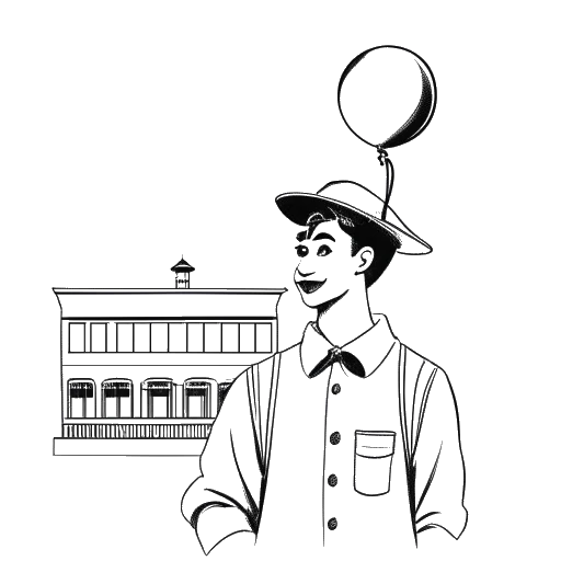 Disegno in stile line art di un giovane, raffigurante Kai Cenat, che indossa un cappello da laureato e tiene un naso da clown, in piedi davanti alla Frederick Douglass Academy