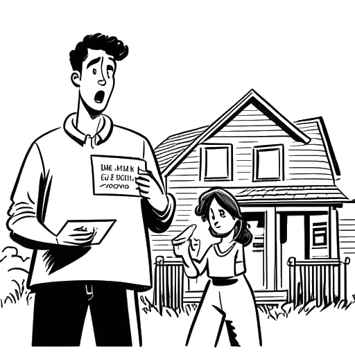 Dibujo de arte lineal de un joven, representando a Kai Cenat, sosteniendo un letrero de 'Embargado', de pie frente a una casa, con su madre sorprendida en el fondo