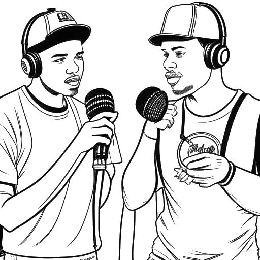 Dessin en noir et blanc de deux jeunes hommes, représentant Kai Cenat et NLE Choppa, tenant des microphones, avec un disque et une montre Bustdown Rollie en arrière-plan