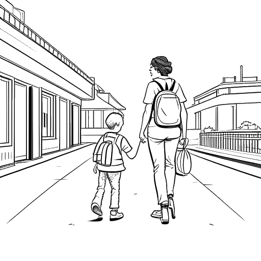 Dibujo de arte lineal de una madre y su hijo pequeño, representando a Kai Cenat y su madre, tomados de la mano y caminando frente a un refugio en Georgia y una estación de metro