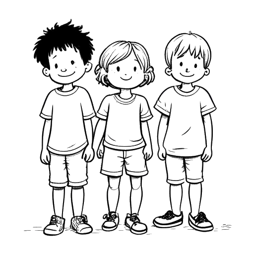 Disegno in stile line art di quattro bambini, raffiguranti Kai Cenat e i suoi fratelli, che stanno insieme
