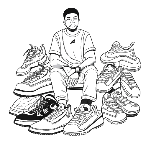 Dessin en noir et blanc d'un jeune homme, représentant Kai Cenat, entouré de différentes baskets, y compris Nike, Reebok et Fila