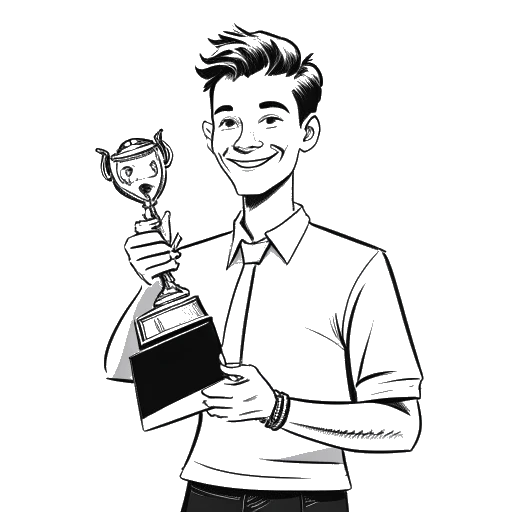 Disegno in stile line art di un giovane, raffigurante Kai Cenat, che tiene un premio Streamy, con un trofeo e una bandiera 'Streamer dell'Anno' sullo sfondo