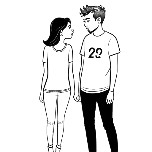 Dibujo de arte lineal de un joven y una joven, representando a Kai Cenat y Teanna Trump, de pie juntos, con corazones y texto '2022' en el fondo