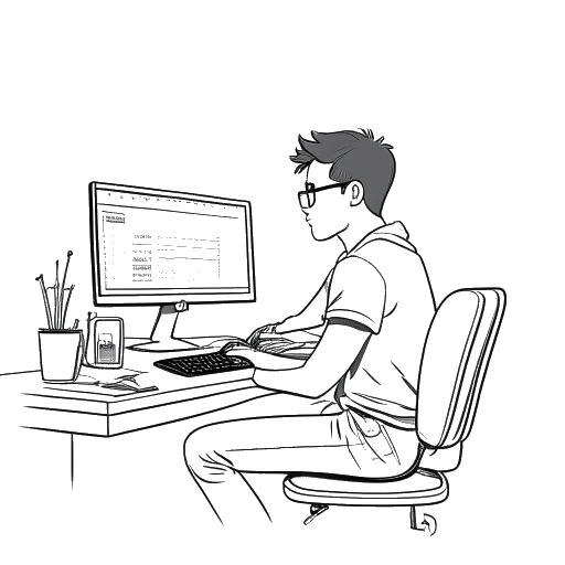 Dibujo de arte lineal de un joven, representando a Kai Cenat, sentado frente a una computadora, con un calendario de 30 días y un logo de Twitch en el fondo
