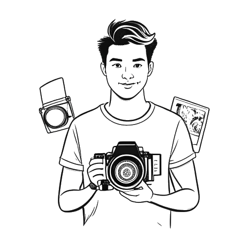 Dessin en noir et blanc d'un jeune homme, représentant Kai Cenat, tenant une caméra, avec un bouton de lecture YouTube et diverses miniatures de vidéos en arrière-plan