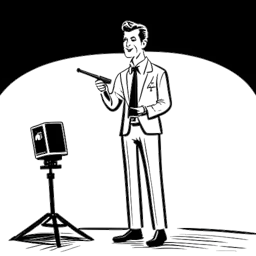 Strichzeichnung eines Mannes, der Harry G verkörpert, der auf der Bühne mit einem Mikrofon auftritt, während im Hintergrund ein Schauspielerklappenbrett die Namen seiner bemerkenswerten Fernsehsendungen und der Amazon-Serie 'Der Beischläfer' anzeigt.