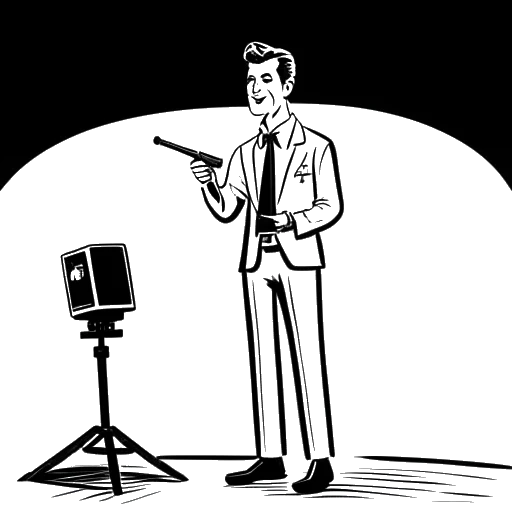 Strichzeichnung eines Mannes, der Harry G verkörpert, der auf der Bühne mit einem Mikrofon auftritt, während im Hintergrund ein Schauspielerklappenbrett die Namen seiner bemerkenswerten Fernsehsendungen und der Amazon-Serie 'Der Beischläfer' anzeigt.