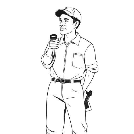 Strichzeichnung eines Mannes, der Harry G repräsentiert, der einen Mechaniker-Overall trägt und einen Hammer hält