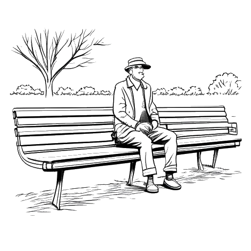 Strichzeichnung eines Mannes, der Harry G repräsentiert, der auf einer Parkbank sitzt und Menschen beobachtet