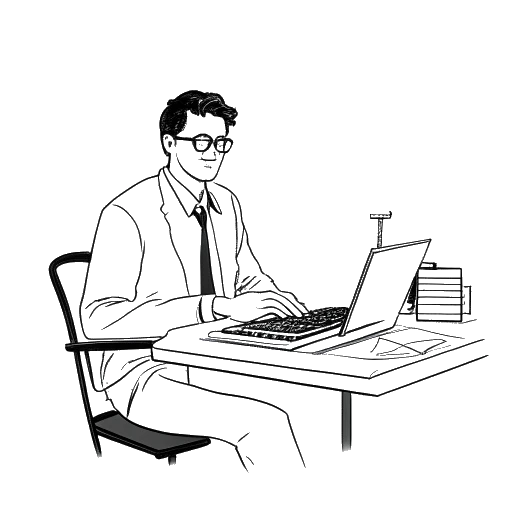 Strichzeichnung eines Mannes, der Harry G repräsentiert, der an einem Schreibtisch mit Grafiken und einem Laptop sitzt