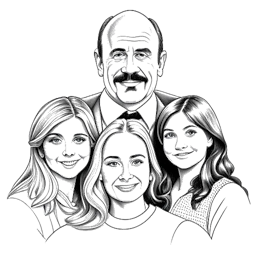 Dibujo de arte lineal del Dr. Phil con su esposa e hijos, representando la importancia de los lazos familiares y el amor, en un fondo blanco.