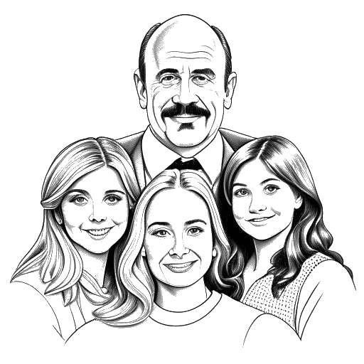 Disegno in stile line art del Dr. Phil con sua moglie e figli, che rappresenta l'importanza dei legami familiari e dell'amore, su uno sfondo bianco.