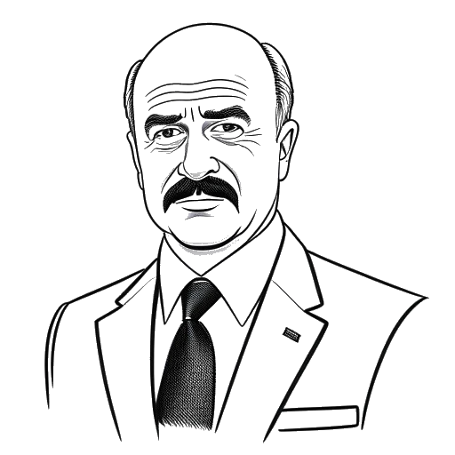 Desenho em arte linear de um Dr. Phil confiante e autoritário, representando seu sucesso como apresentador de TV, em um fundo branco.