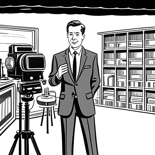 Dibujo de arte lineal de un hombre que representa al Dr. Phil, vistiendo un traje y sosteniendo un micrófono frente a una cámara en un set de televisión. Se ven estanterías llenas de libros en el fondo.