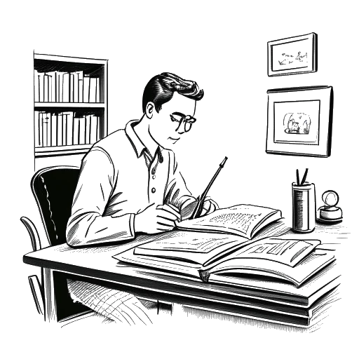 Desenho em arte linear de um homem, representando Dr. Phil, sentado em uma mesa com um livro na frente dele, segurando uma caneta, com capas de livros para 'Estratégias de Vida' e 'Resgate de Relacionamentos' na parede atrás dele.