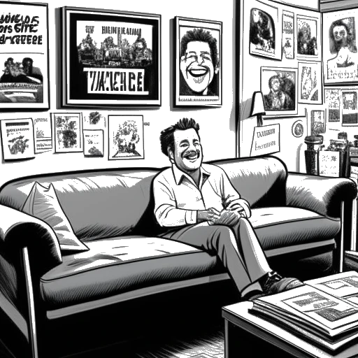 Desenho em arte linear de um homem, representando Dr. Phil, sentado em um sofá, rindo, com pôsteres dos filmes 'Quem Vai Ficar com Mary?' e 'Carros Usados' na parede atrás dele.