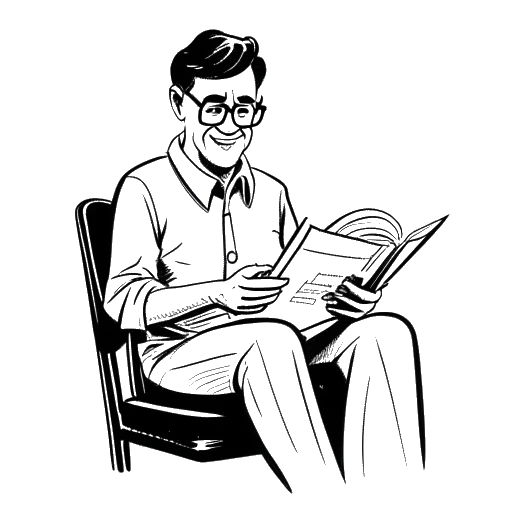 Line art-tekening van een man die Dr. Phil vertegenwoordigt, zittend in een stoel, een boek met de titel 'To Kill a Mockingbird' vasthoudend, met een glimlach op zijn gezicht.