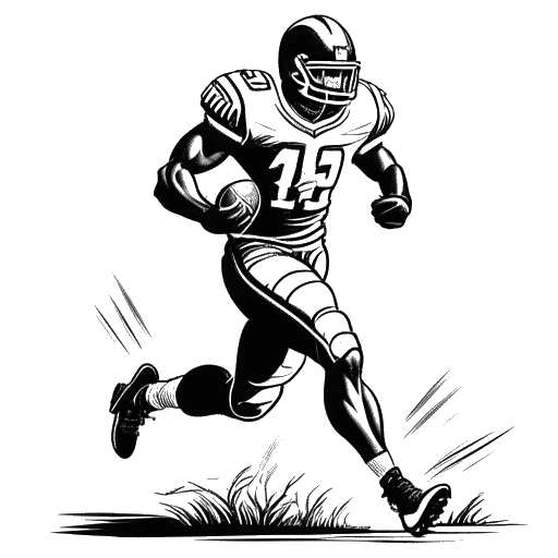 Desenho em arte linear de um homem, representando Dr. Phil, em uniforme de futebol americano correndo com uma bola, usando o número de um linebacker, com um campus universitário ao fundo.