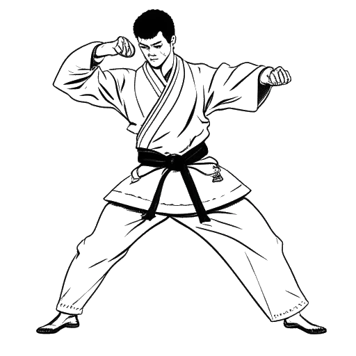 Line art-tekening van een man die Dr. Phil vertegenwoordigt, in een karate-gi, een karatebeweging uitvoerend, met een zwarte band om zijn middel gebonden.