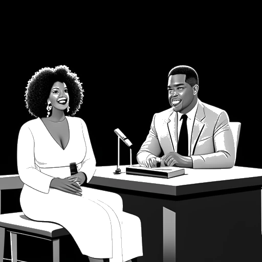 Desenho em arte linear de um homem, representando Dr. Phil, sentado ao lado de Oprah Winfrey em um cenário de talk show, com microfones na frente deles e o ano '1998' na tela atrás deles.