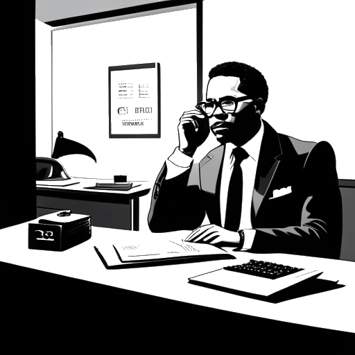 Line art-tekening van een man die Dr. Phil vertegenwoordigt, zittend aan een bureau met de letters 'CSI' op de muur achter hem, pratend aan de telefoon, met een silhouet van het gezicht van Oprah Winfrey op het telefoonscherm.
