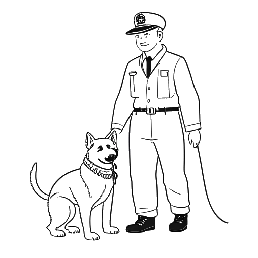 Desenho em arte linear de um homem, representando Dr. Phil, usando um chapéu de piloto e segurando a coleira de uma cadela da raça Korean Jindo.