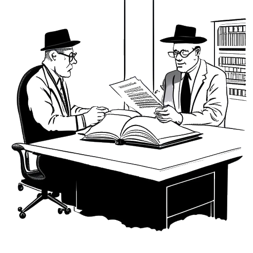 Desenho em arte linear de um homem, representando Dr. Phil, usando uma beca e um chapéu de doutorado, sentado em um escritório com um livro de psicologia aberto em sua mesa, com um homem mais velho ao fundo.