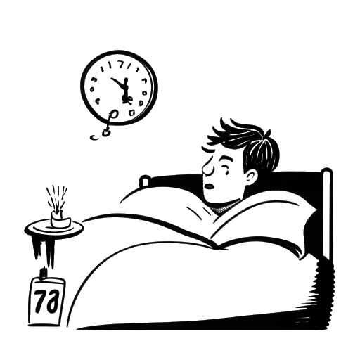 Dibujo en arte lineal de un hombre, representando al Dr. Phil, despertando en la cama, con un reloj despertador en la mesita de noche que marca '7:00 AM', y una burbuja de pensamiento que contiene el número '6-7' y un símbolo zzz.
