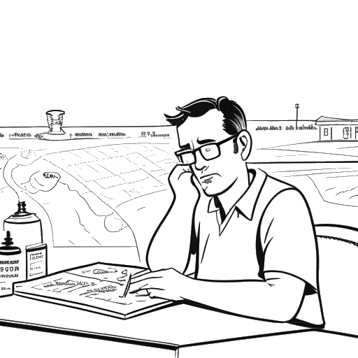 Desenho em arte linear de um homem, representando Dr. Phil, sentado na frente de um mapa de Oklahoma, com uma pequena cidade chamada Vinita, um copo de root beer e uma fatia de pizza nas proximidades, e uma expressão preocupada em seu rosto.