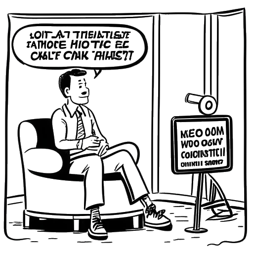 Line art-tekening van een man die Dr. Phil vertegenwoordigt, zittend op een praatshowset, met een microfoon voor hem, en een tekstballon met de tekst 'Catch me outside, how about that?'